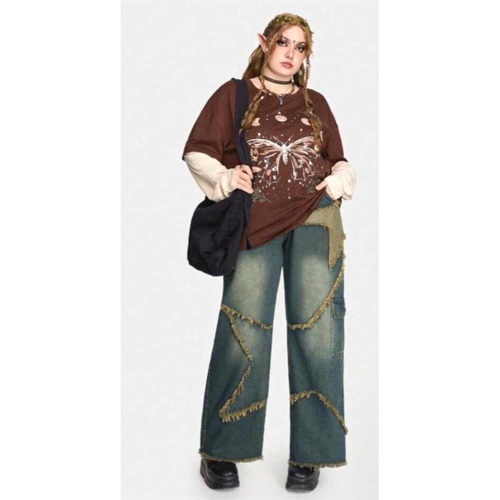 Romwe High Rise Dark Wash Wmns Patchwork Grunge Straight Leg Jeans Size L NEW